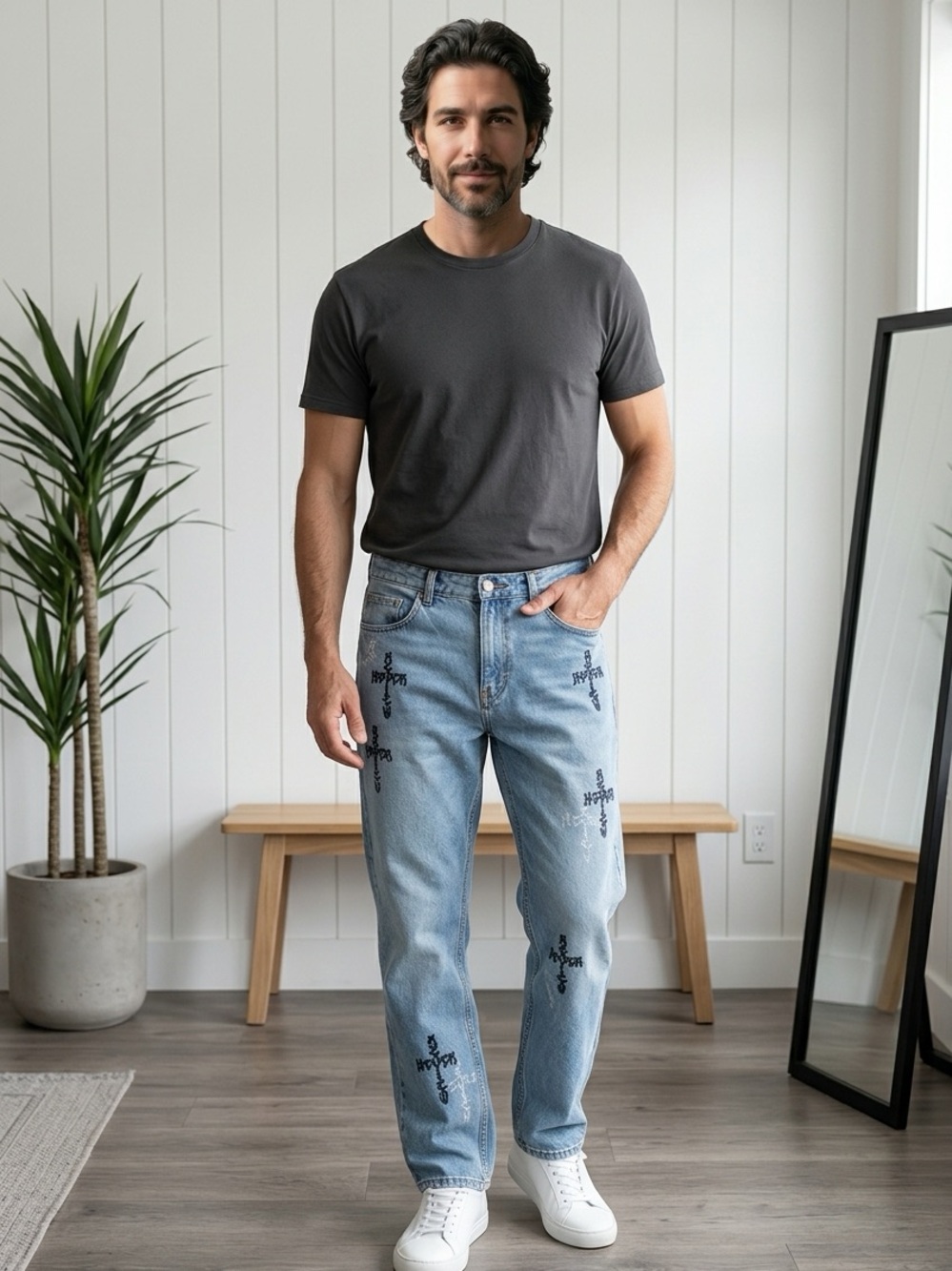 Men's Light Blue Cross Straight Jeans